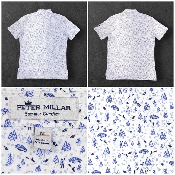 Peter Millar Summer Comfort Golf Polo Men's Medium Pine Christmas Trees Snowman - Picture 1 of 11